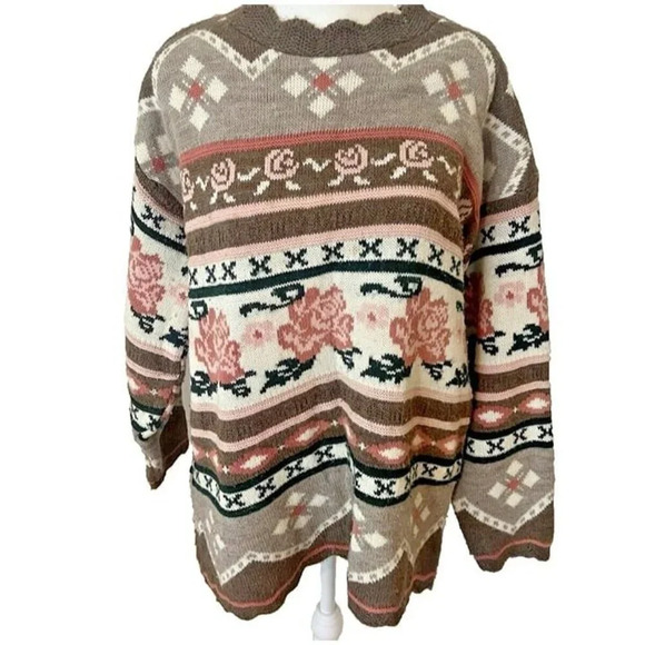 Vintage Dana‎ Scott Floral Cottage Grandma Core Knitted Pullover Winter Sweater - Picture 1 of 7